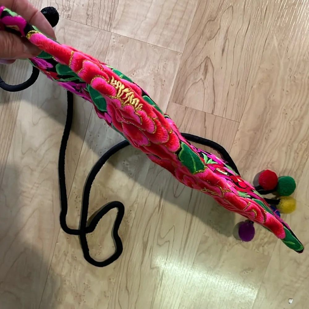 Colorful Embroidered Floral Boho Crossbody Shoulder Bag with Pom Poms